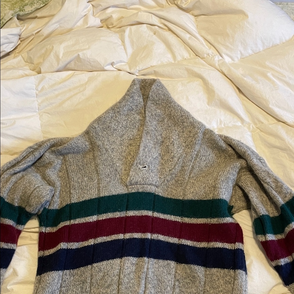 Eddie Bauer Gray Cardigan with Green and Burgundy Stripes
